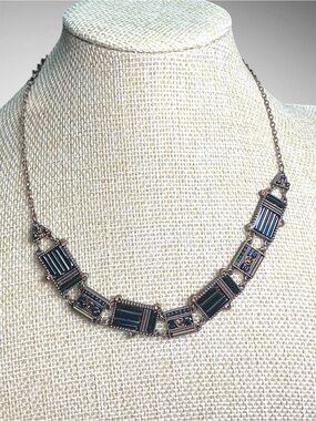 Vintage Geometric Choker Necklace Antiqued Copper Black Rhinestone